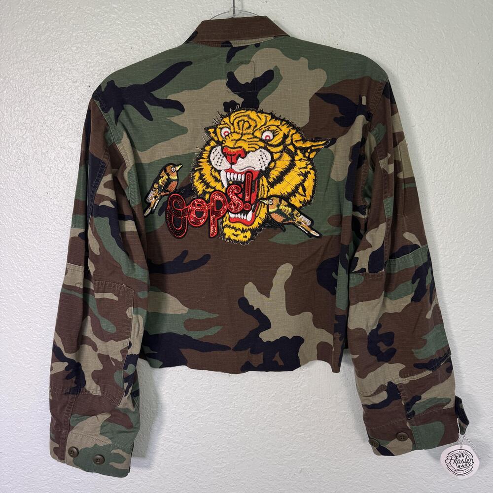 Vintage Camo Jacket Womens Small Upcycled Tiger Flames Heart Military Custom